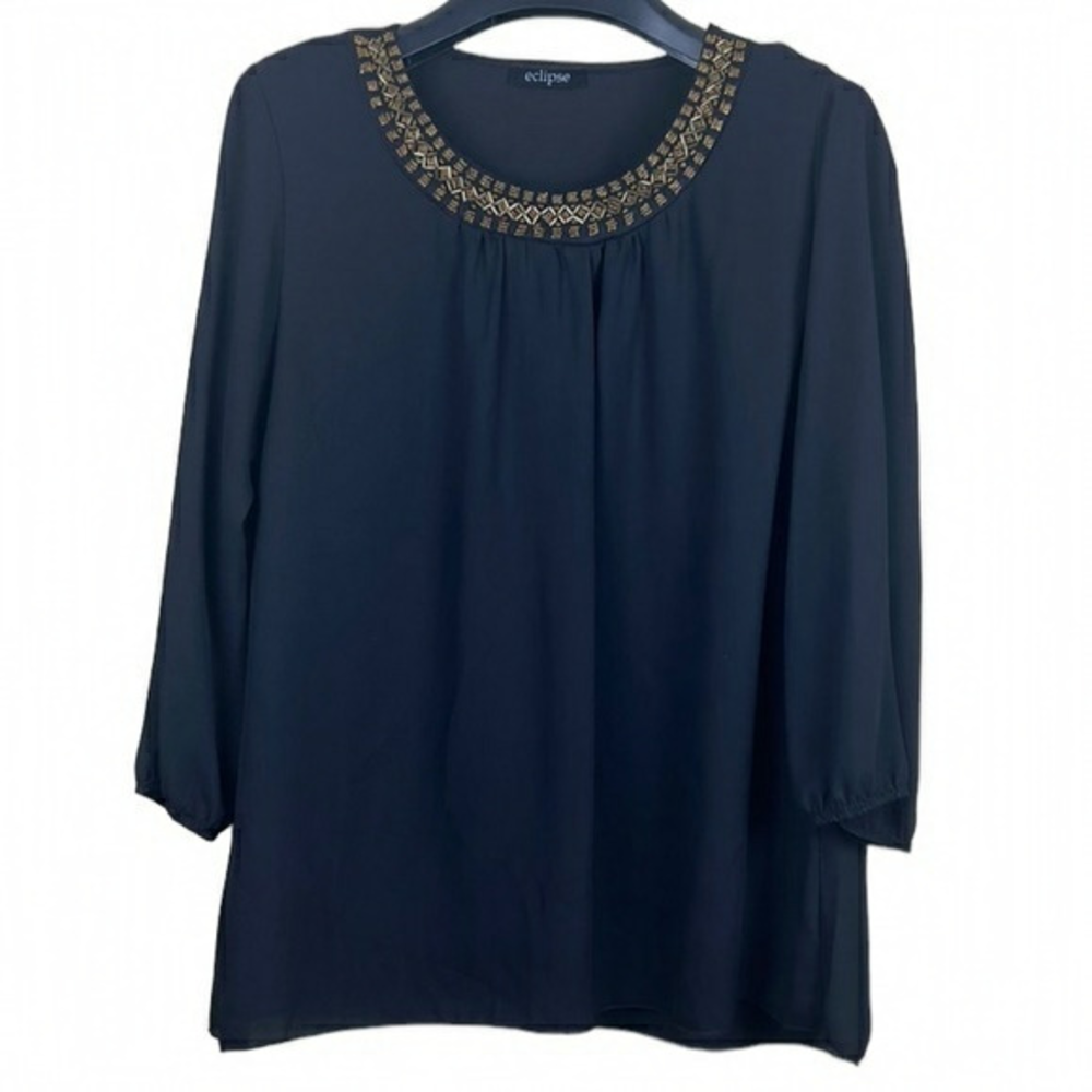 Eclipse women’s black blouse gold beaded‎ neckline size medium